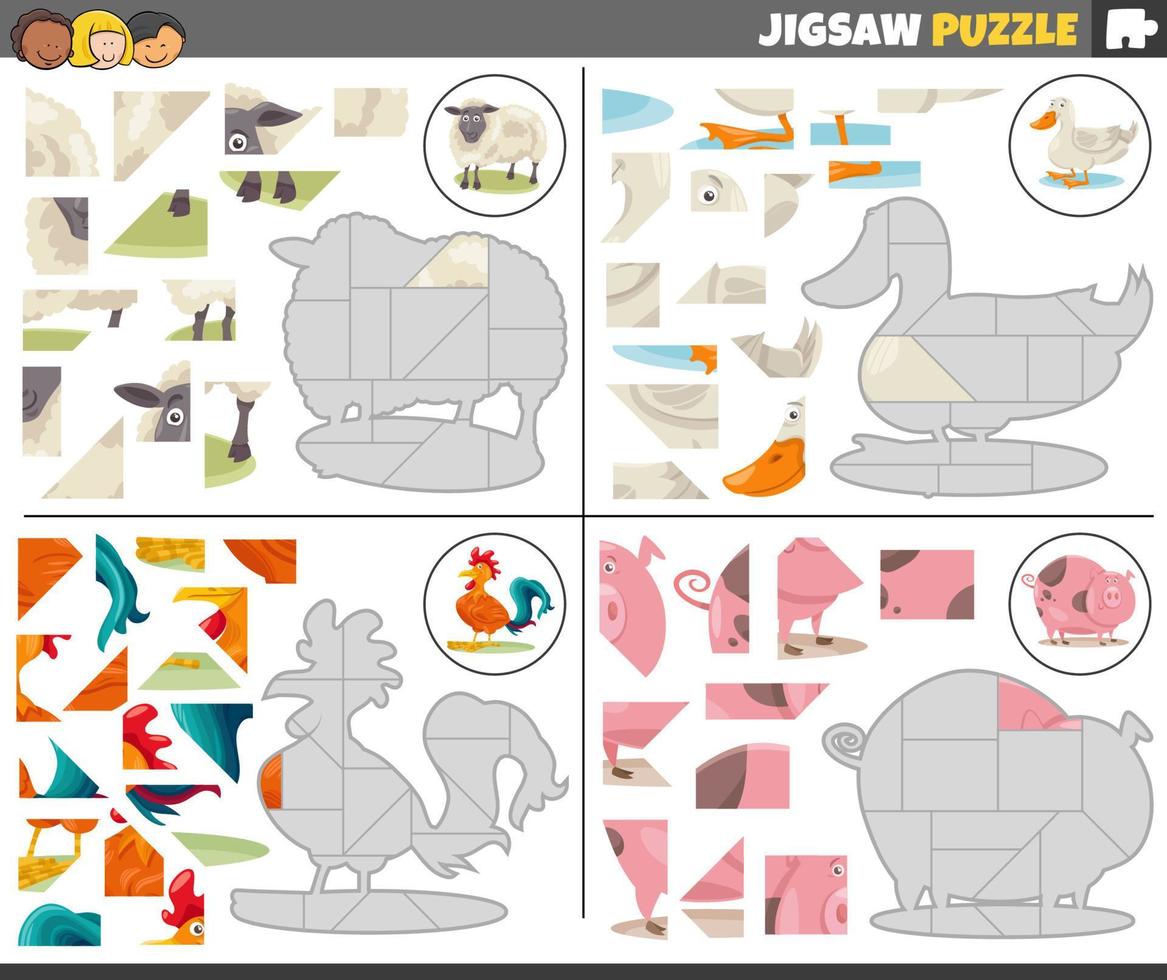 Puzzle Puzzle Spiele einstellen mit Karikatur Bauernhof Tiere vektor