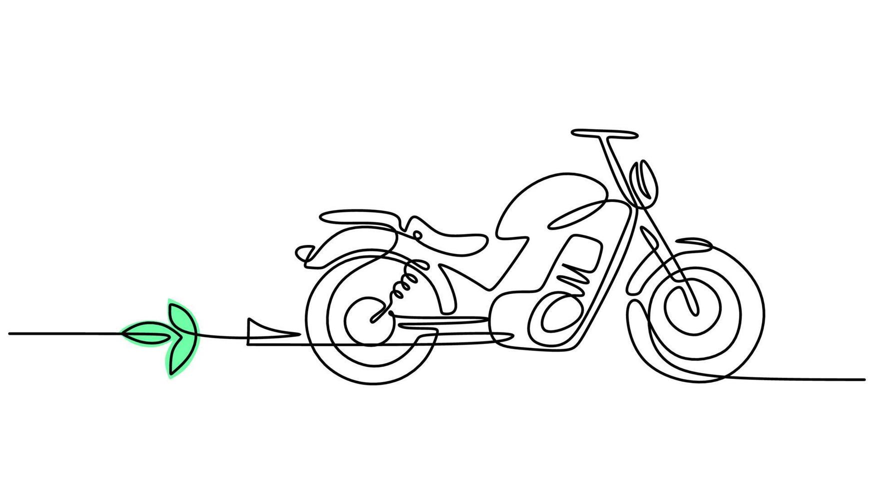 ett linje teckning av elektrisk motorcykel isolerat på vit bakgrund. kontinuerlig enda linje minimalism. vektor