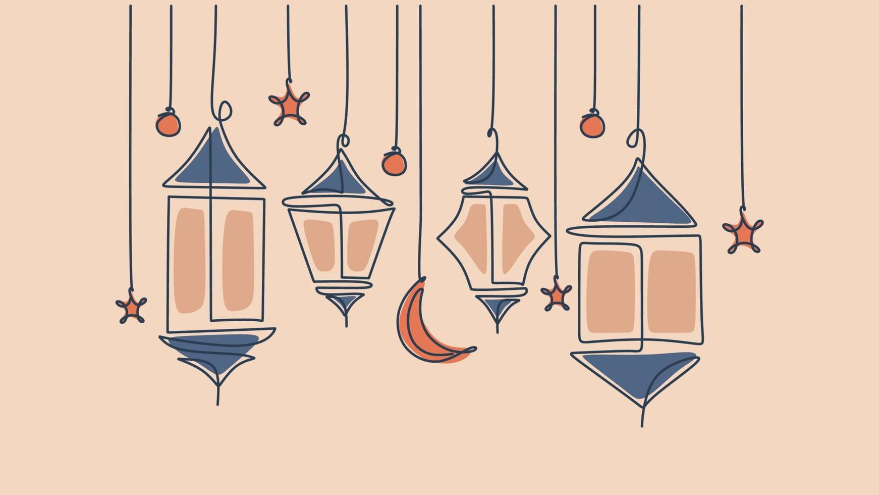 ett linje teckning av hängande lyktor, måne och islamic ornament. kontinuerlig enda linje minimalism. vektor