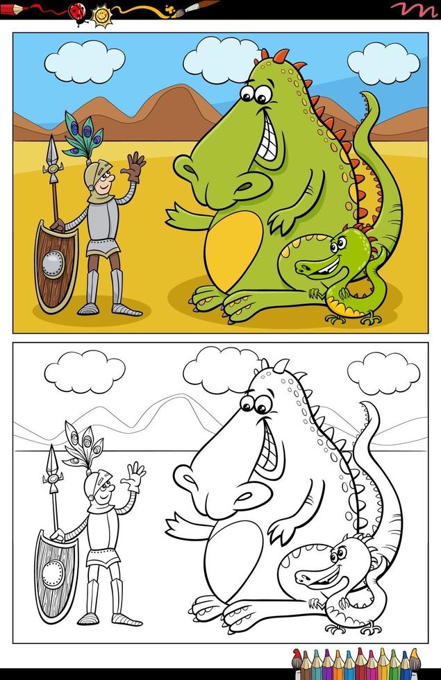 Cartoon Ritter und Drachen Malbuch Seite vektor