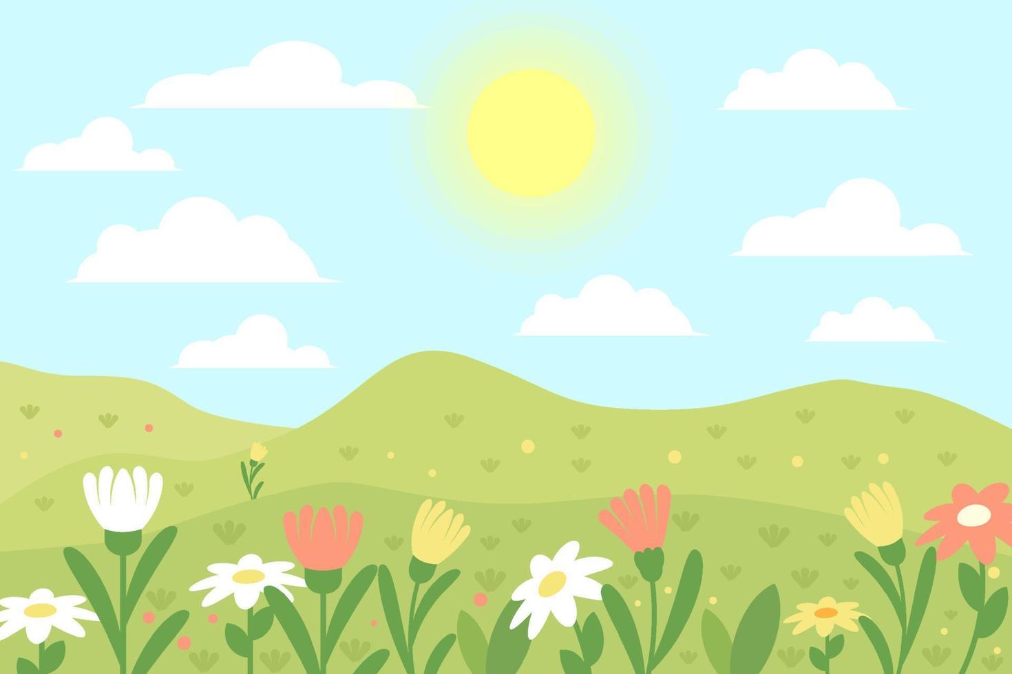 platt design vår landskap bakgrund illustration med blommor, Sol, och moln vektor