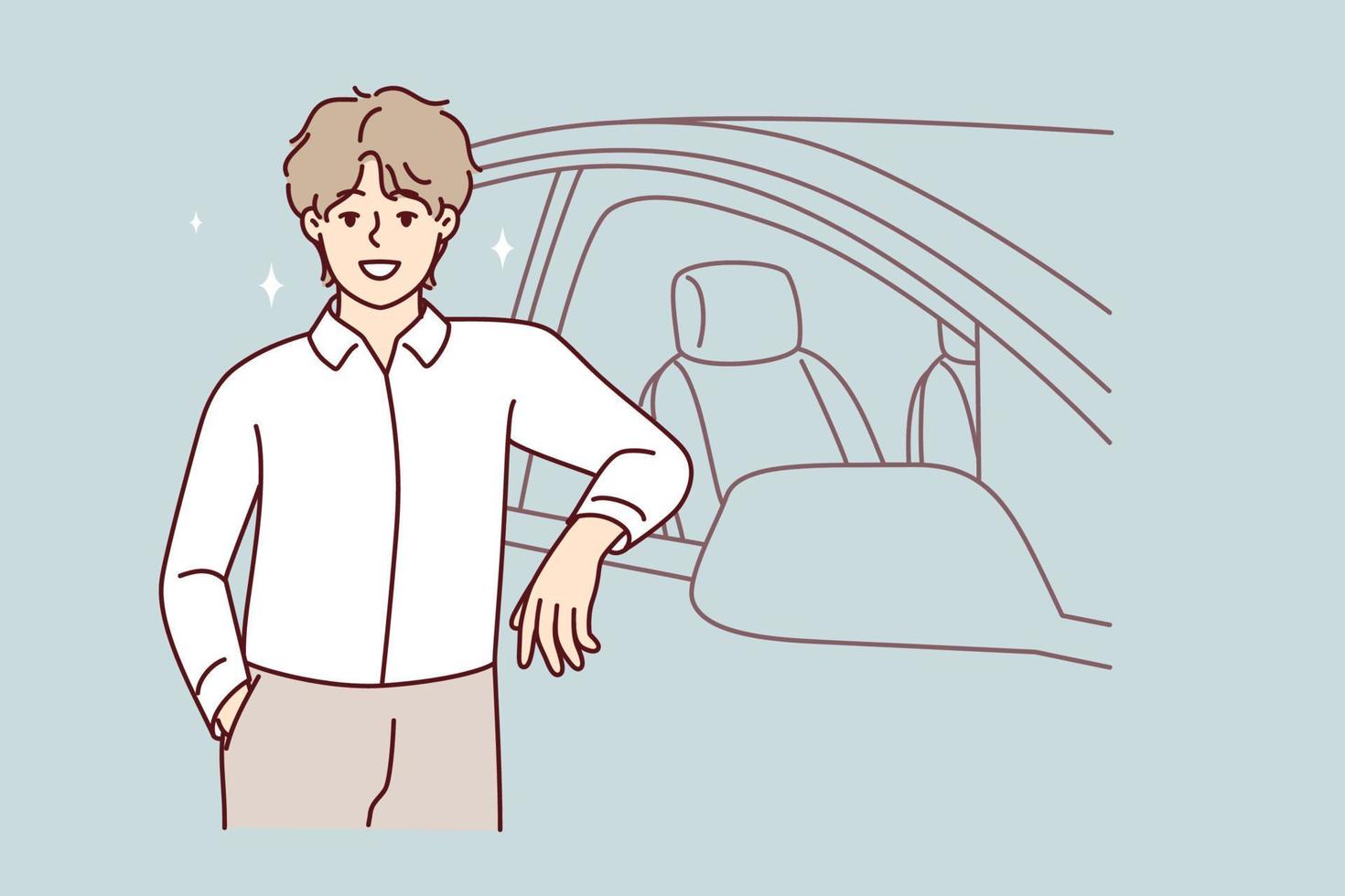 leende ung man stående nära ny bil i salong. Lycklig självsäker manlig uppköp bil stolt av inköp. vektor illustration.