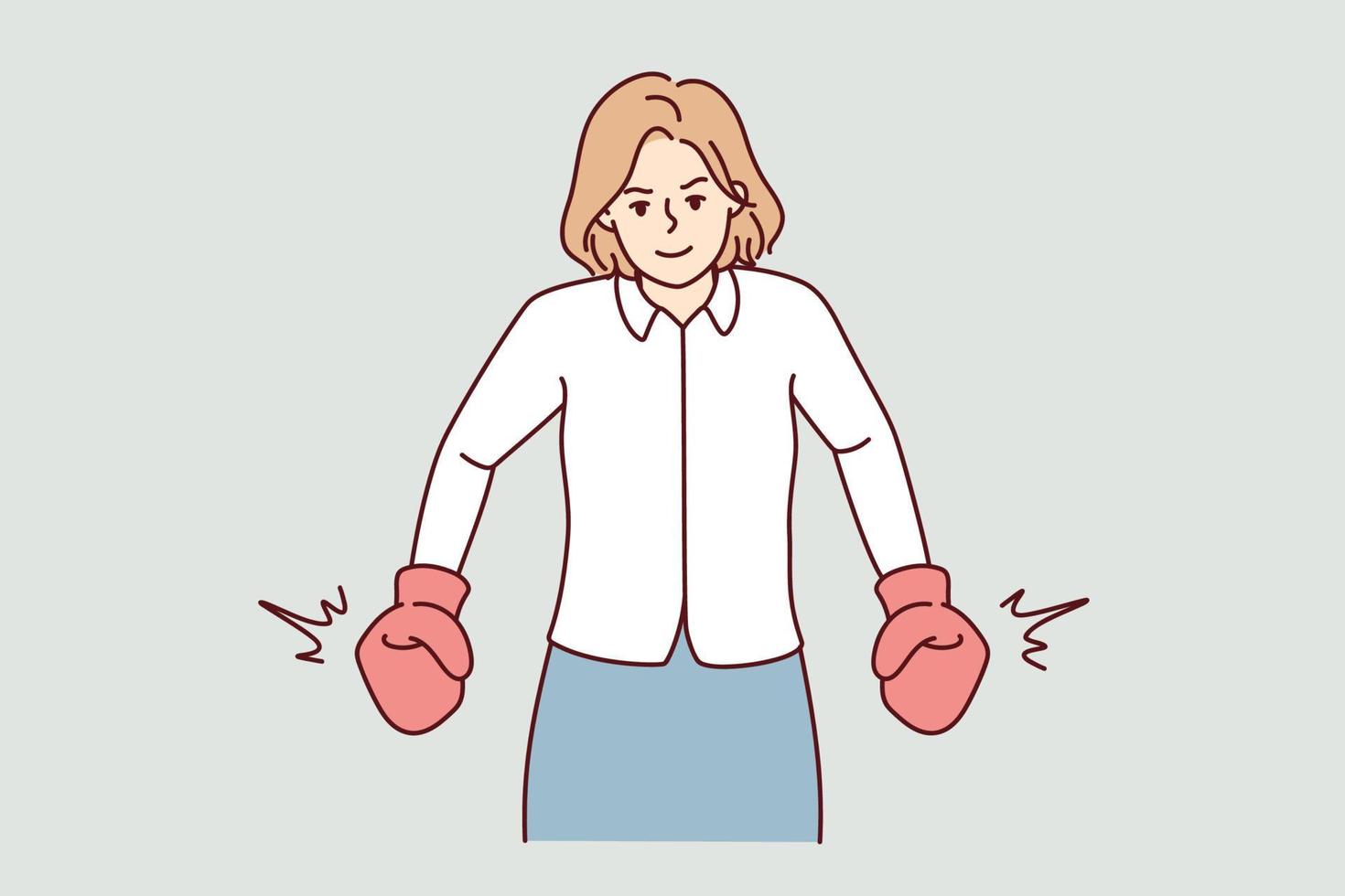 stark affärskvinna i boxning handskar visa ledarskap och kraft. kraftfull kvinna anställd eller arbetstagare demonstrera styrka. vektor illustration.