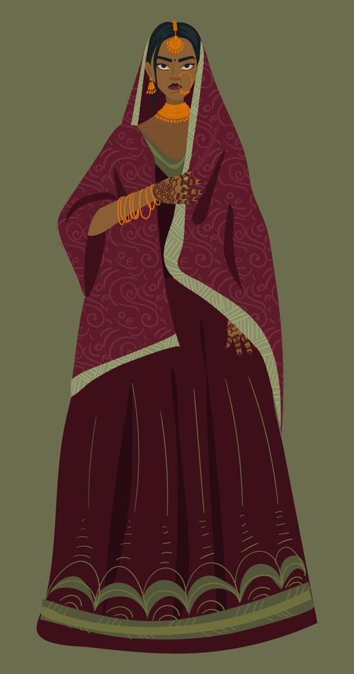 Illustration von ein in voller Länge indisch Mädchen im ein traditionell Kleid auf ein Grün Hintergrund. ein emotional ernst indisch Frau im ein festlich Kostüm. Hochzeit vektor