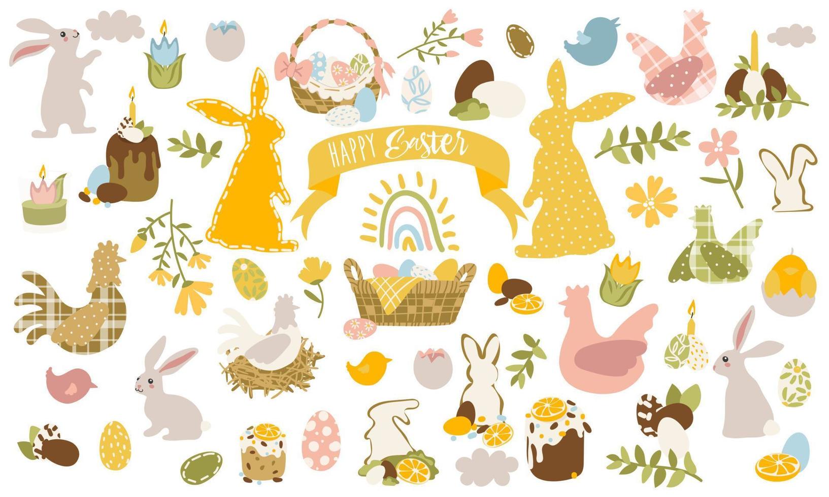 Ostern süß Hase mit ein einstellen von farbig Eier und verschiedene wenig Dinge. ein charmant Ostern Hase mit traditionell festlich Dekor und kalligraphisch Inschriften. vektor