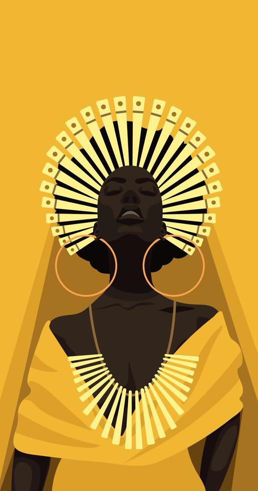animerad porträtt av en skön afrikansk kvinna i modern kläder och Smycken. prinsessa, hednisk gudinna, prästinna. Färg teckning. en gudinna i gul kläder med en dölja. vektor illustration. stark