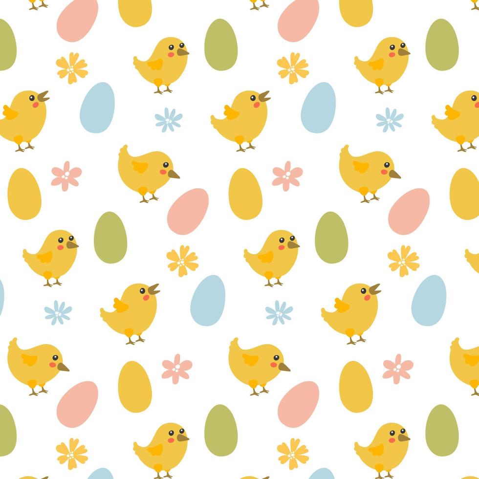 Vektor nahtlos einfach Zeichnung mit farbig dekoriert Eier, Hühner und Blumen. Ostern festlich Weiß Hintergrund zum Drucken auf Stoff und Papier, Scrapbooking Papier, Geschenk Verpackung und Hintergrund.