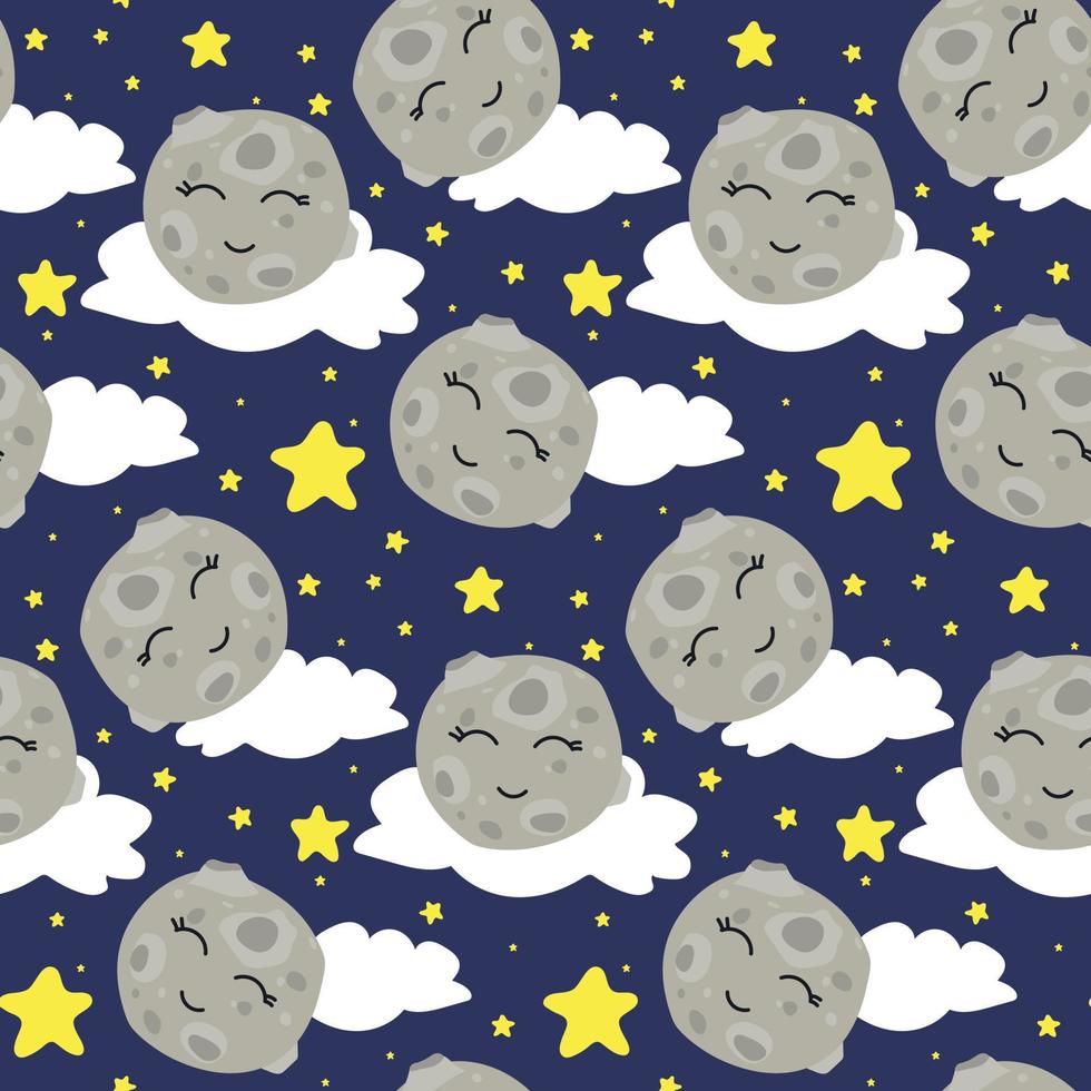 ein Muster mit ein süß Mond im das Himmel mit Sterne, Wolken auf Blau. Kinder- Illustration. Drucken auf Papier und Textilien. Geschenk Verpackung, Hintergrund zum Postkarten, Banner, Stoff. Kinder vektor