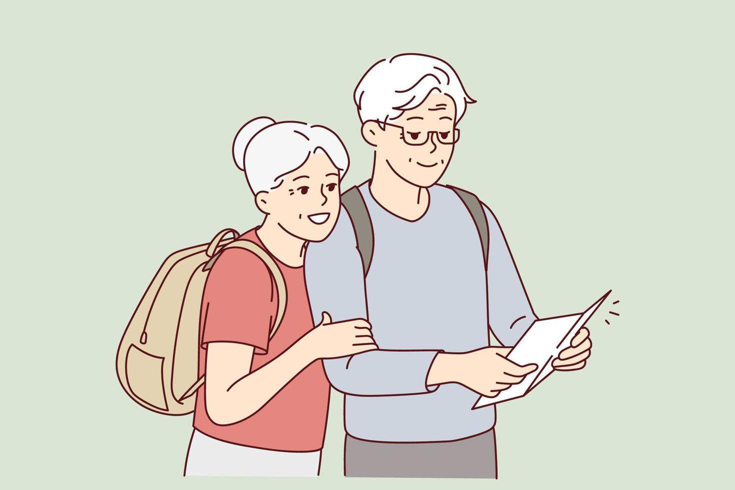 lächelnd reifen Paar mit Rucksäcke aussehen beim Papier Karte Reise zusammen. glücklich Alten Mann und Frau Reisende aussehen auf Urlaub. Vektor Illustration.