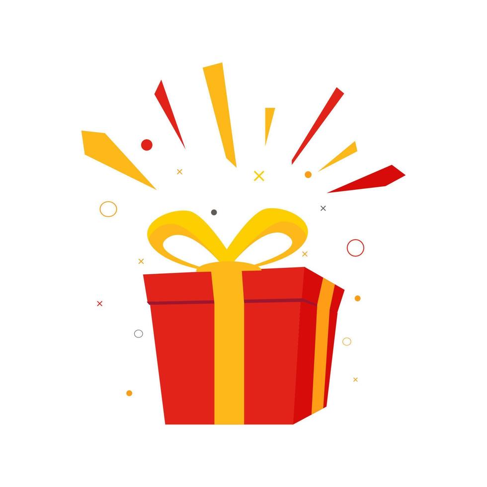 rote geschenkbox überraschen, geburtstagsfeier, spezielles verschenkpaket, treueprogrammbelohnung, wundergeschenk mit ausrufezeichen, vektorsymbol, flache illustration vektor