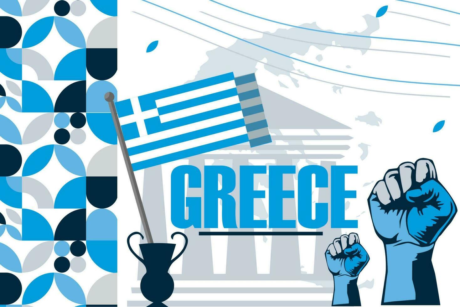 Griechenland Unabhängigkeit Tag Banner mit griechisch Flagge Farben Thema Hintergrund und geometrisch abstrakt retro modern Design. mehrere Landschaften von Griechenland, Feier von Unabhängigkeit Tag. vektor