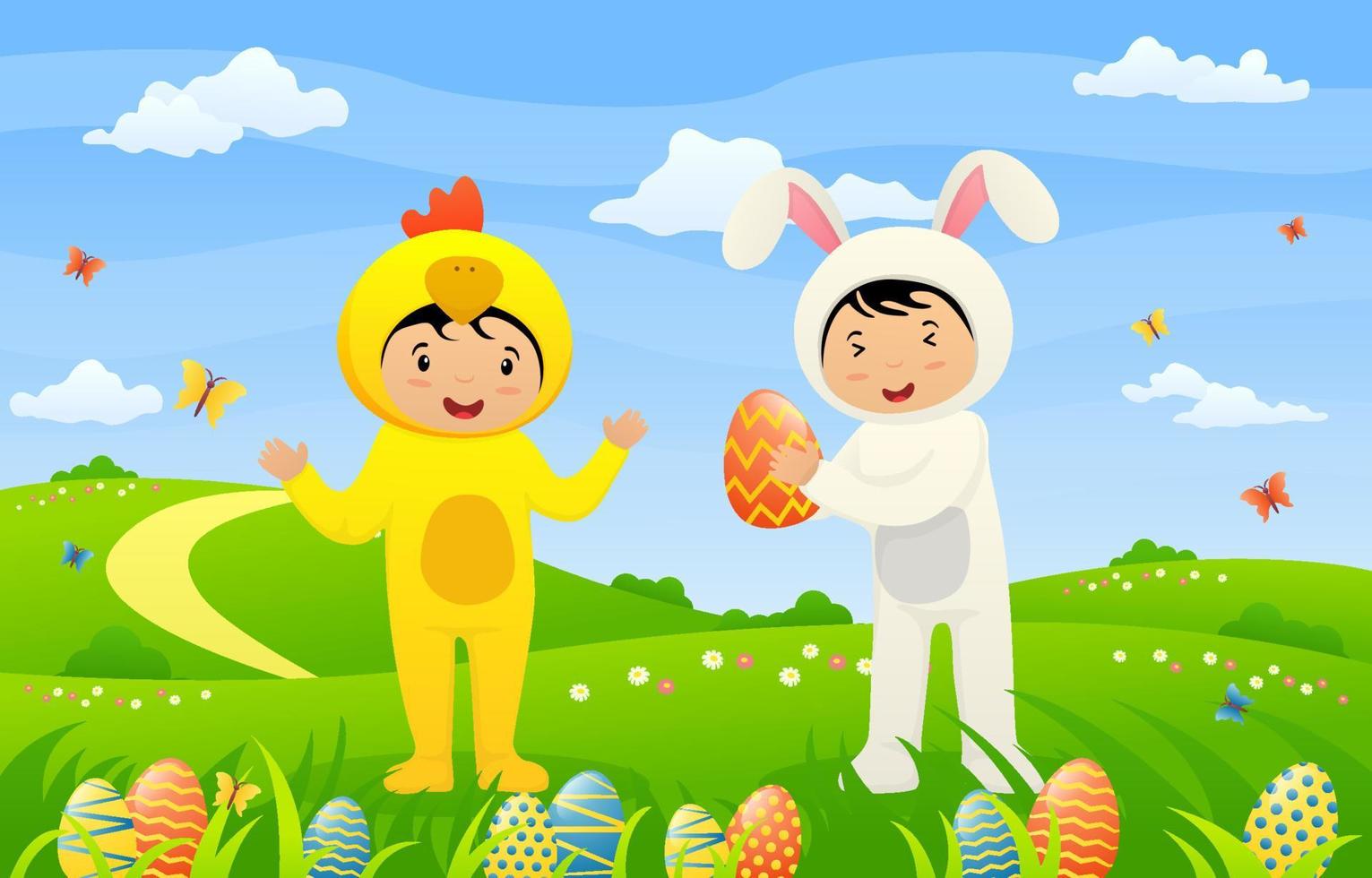 glücklich Ostern Gruß Karte. süß Kinder sind tragen Ostern Kostüme mit dekorativ Eier und Natur Hintergrund. vektor
