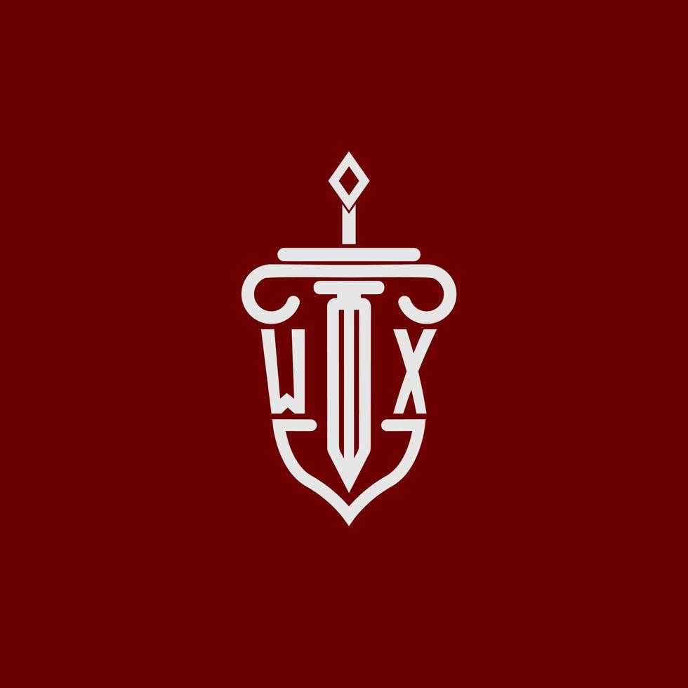 wx första logotyp monogram design för Rättslig advokat vektor bild med svärd och skydda