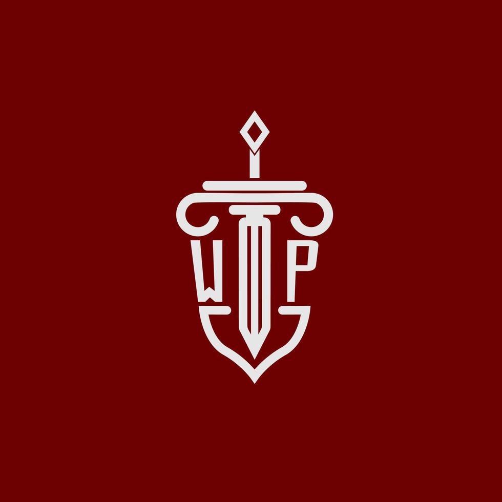 wp första logotyp monogram design för Rättslig advokat vektor bild med svärd och skydda