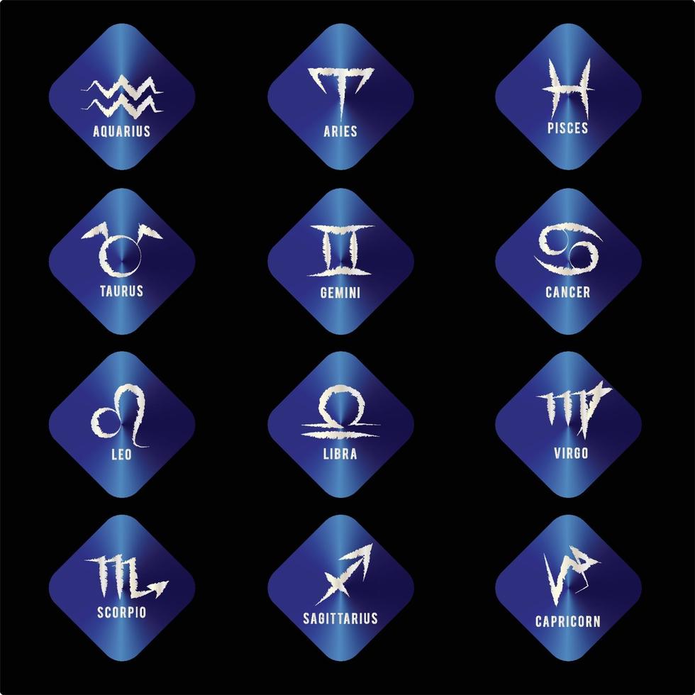zodiak ikonuppsättning. stjärntecken för astrologihoroskop. blå knappfärg och vitt stjärntecken vektor
