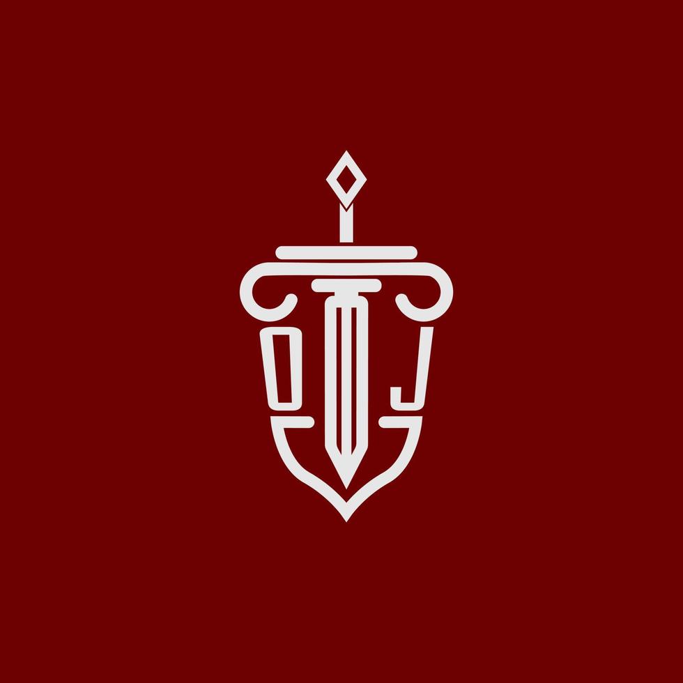 oj första logotyp monogram design för Rättslig advokat vektor bild med svärd och skydda