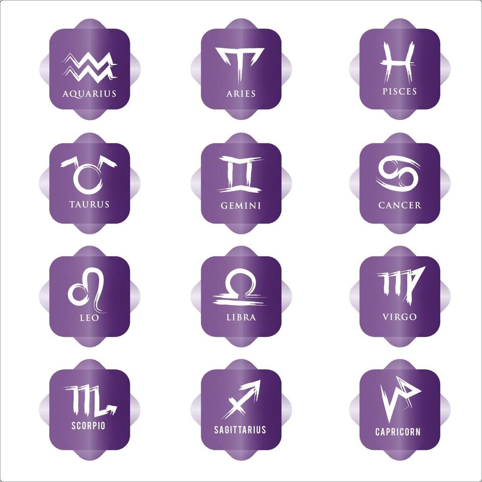 zodiak ikonuppsättning. stjärntecken för astrologihoroskop. lila knappfärg och vitt stjärntecken vektor