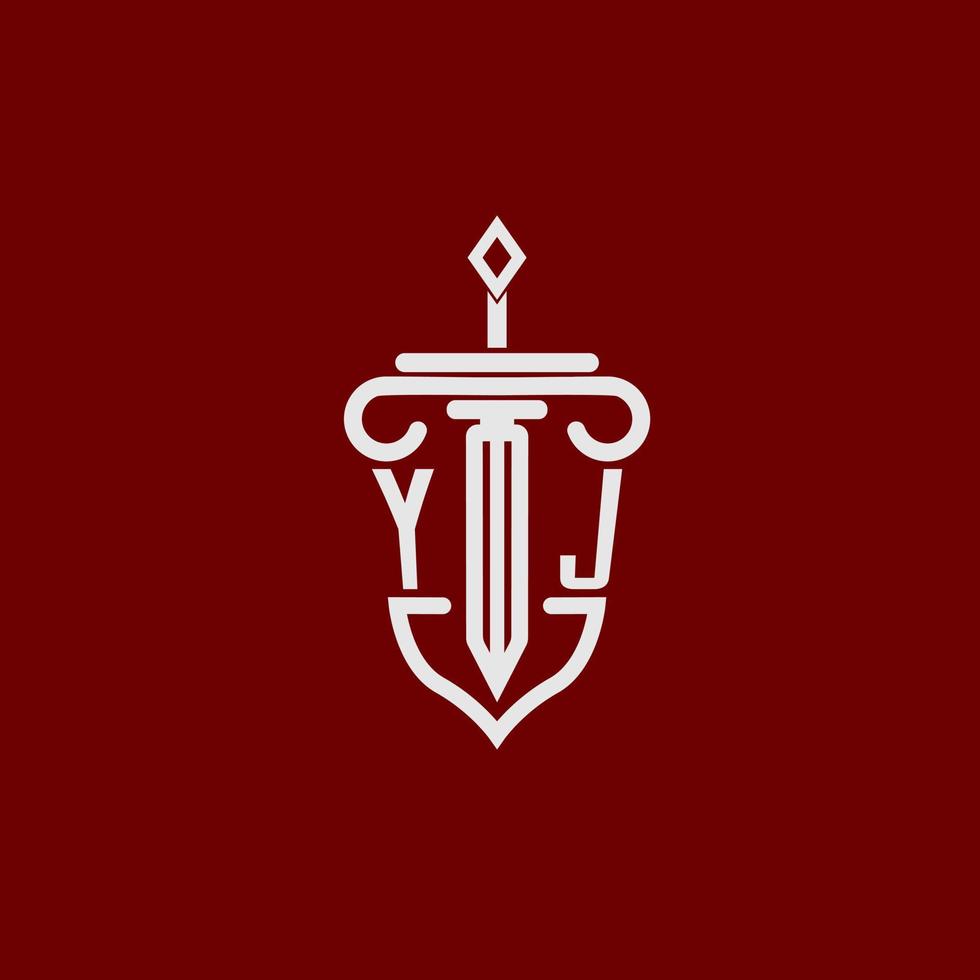yj första logotyp monogram design för Rättslig advokat vektor bild med svärd och skydda