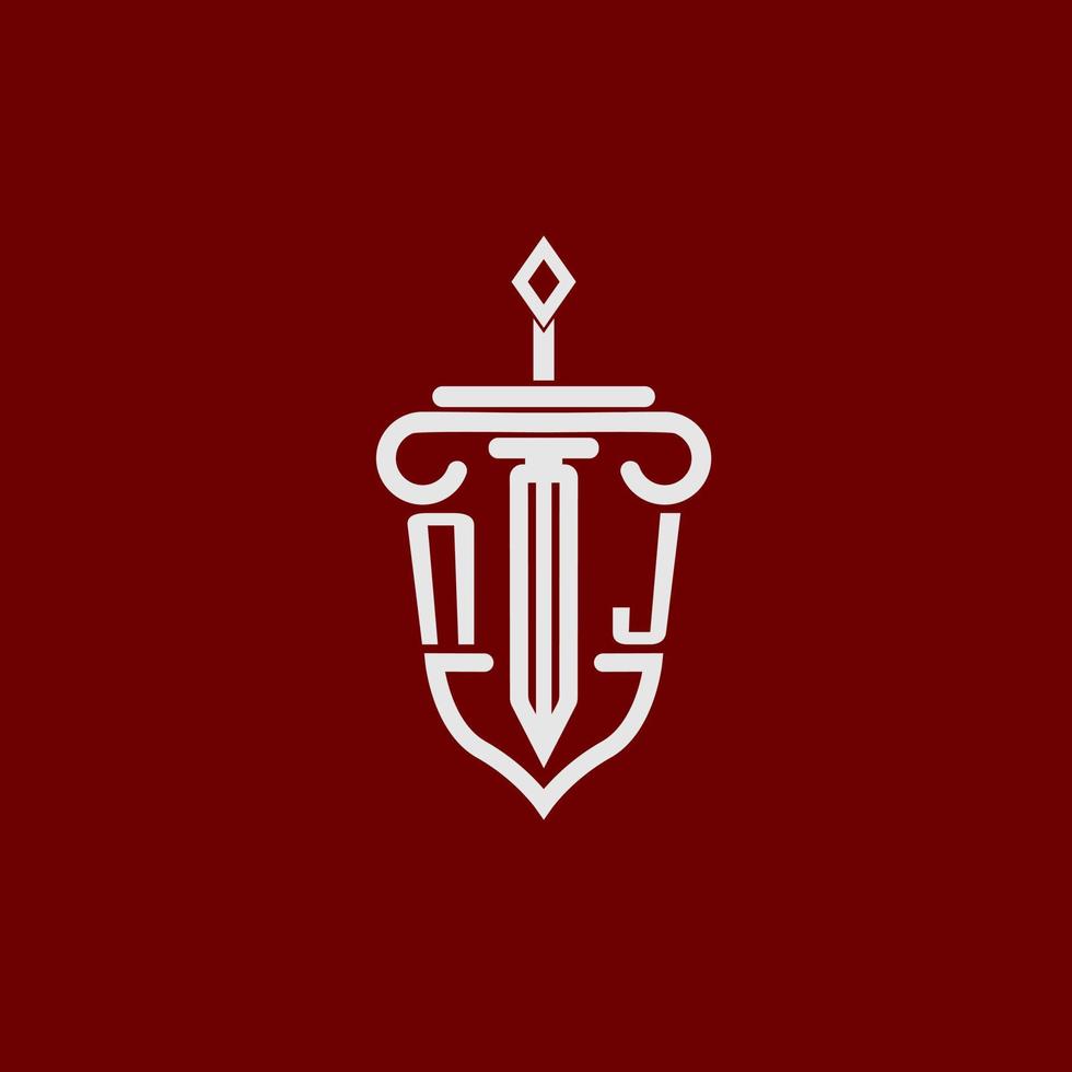 nj första logotyp monogram design för Rättslig advokat vektor bild med svärd och skydda