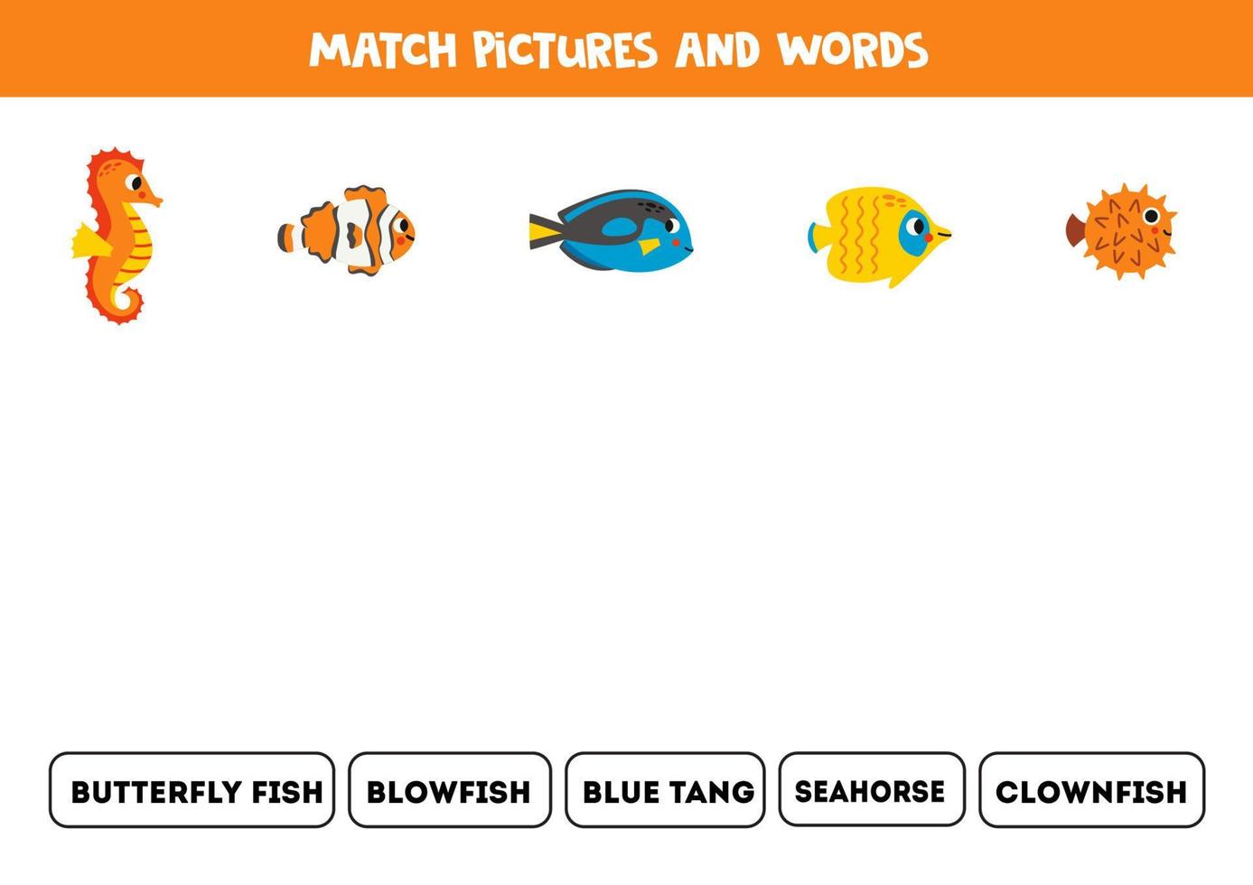Spiel Bilder und Wörter. logisch Puzzle zum Kinder. Meer Tiere. vektor