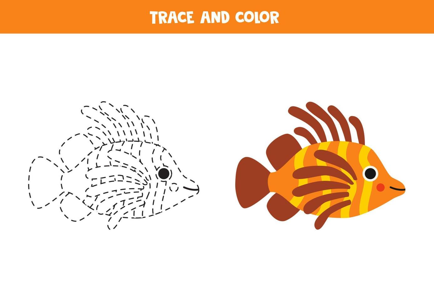 spår och Färg tecknad serie söt lejonfisk. kalkylblad för barn. vektor