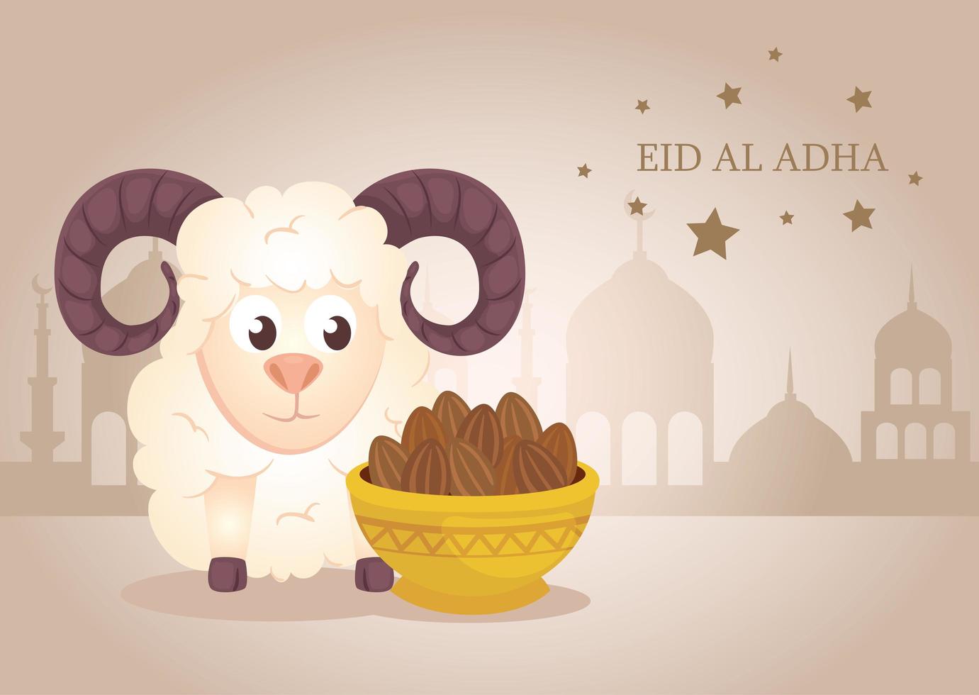 Eid al Adha Mubarak Feier mit Schafen und einer Schüssel Datteln vektor