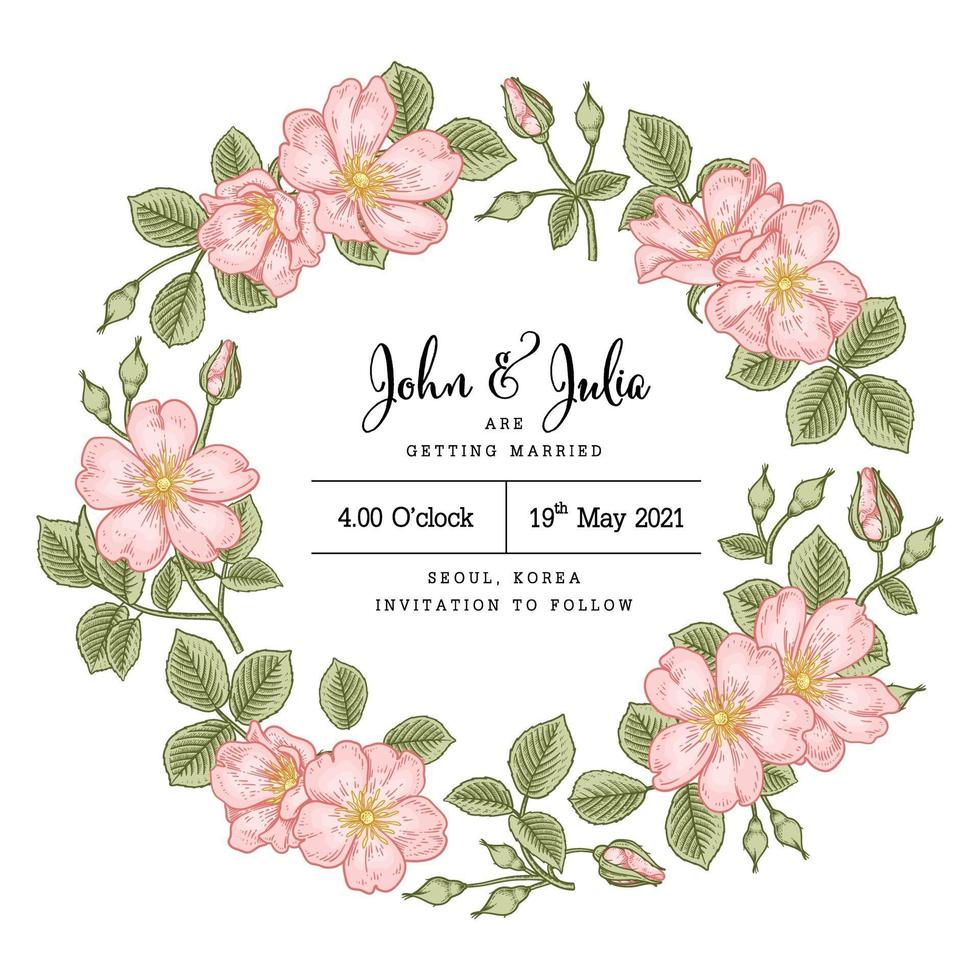 mall för inbjudningskort. rosa hundros blomma skiss handritade botaniska illustrationer vektor