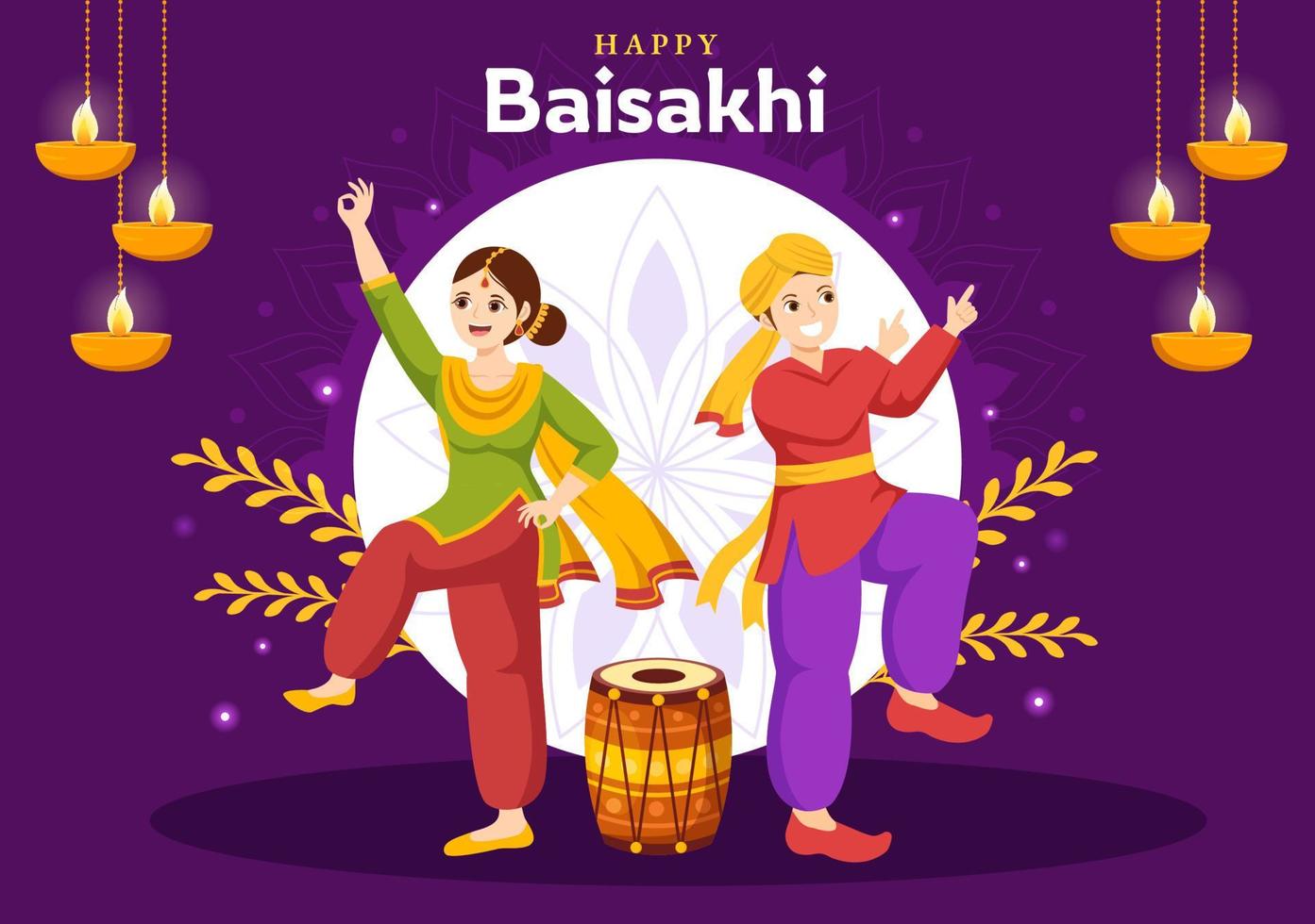 glücklich Baisakhi Illustration mit Vaisakhi Punjabi Frühling Ernte Festival von Sikh Feier im eben Karikatur Hand gezeichnet zum Landung Seite Vorlagen vektor