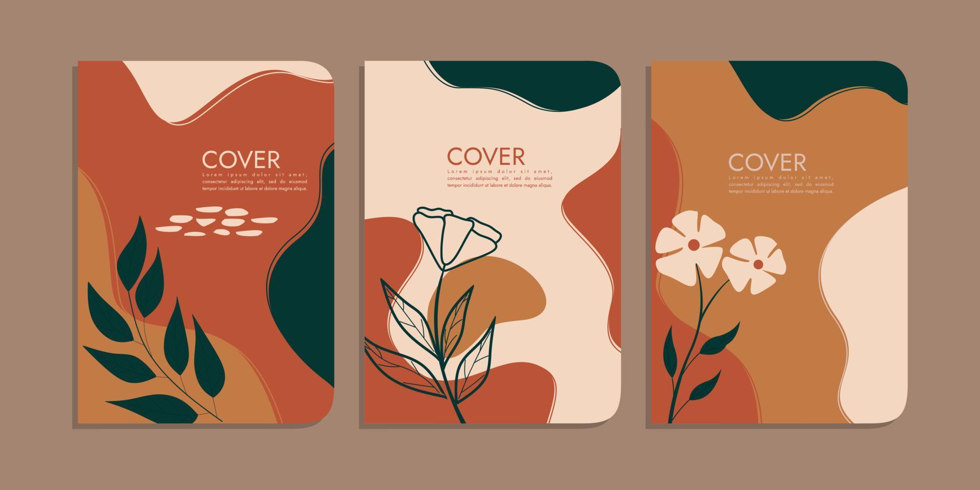 Reihe von Buchcover-Designs mit handgezeichneten Blumendekorationen. abstrakter botanischer retro-hintergrund. größe a4 für notizbücher, planer, broschüren, bücher, kataloge vektor