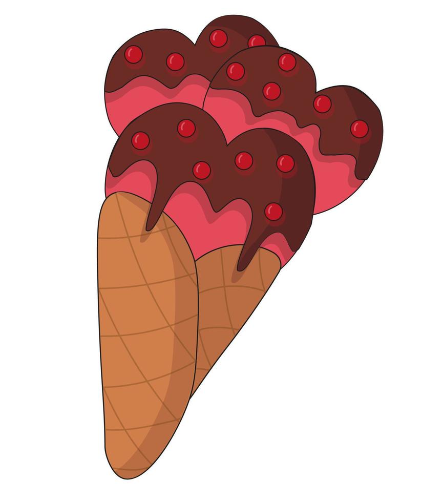 Eis Sahne im ein Waffel Kegel. herzförmig Eis Sahne Bälle mit Schokolade Belag und Sträusel. Süße Dessert Symbol Aufkleber Vektor. vektor