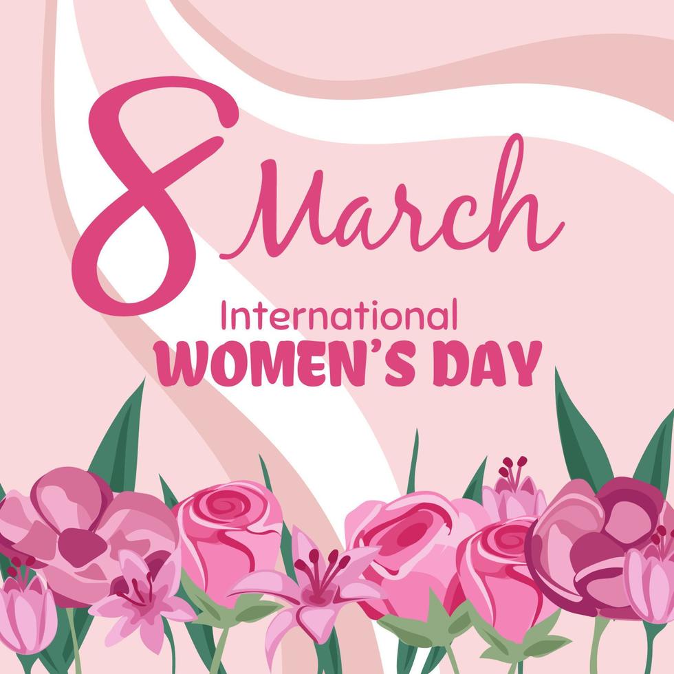 glücklich Frauen s Tag Gruß Karte. Postkarte auf März 8. Text mit Blumen vektor