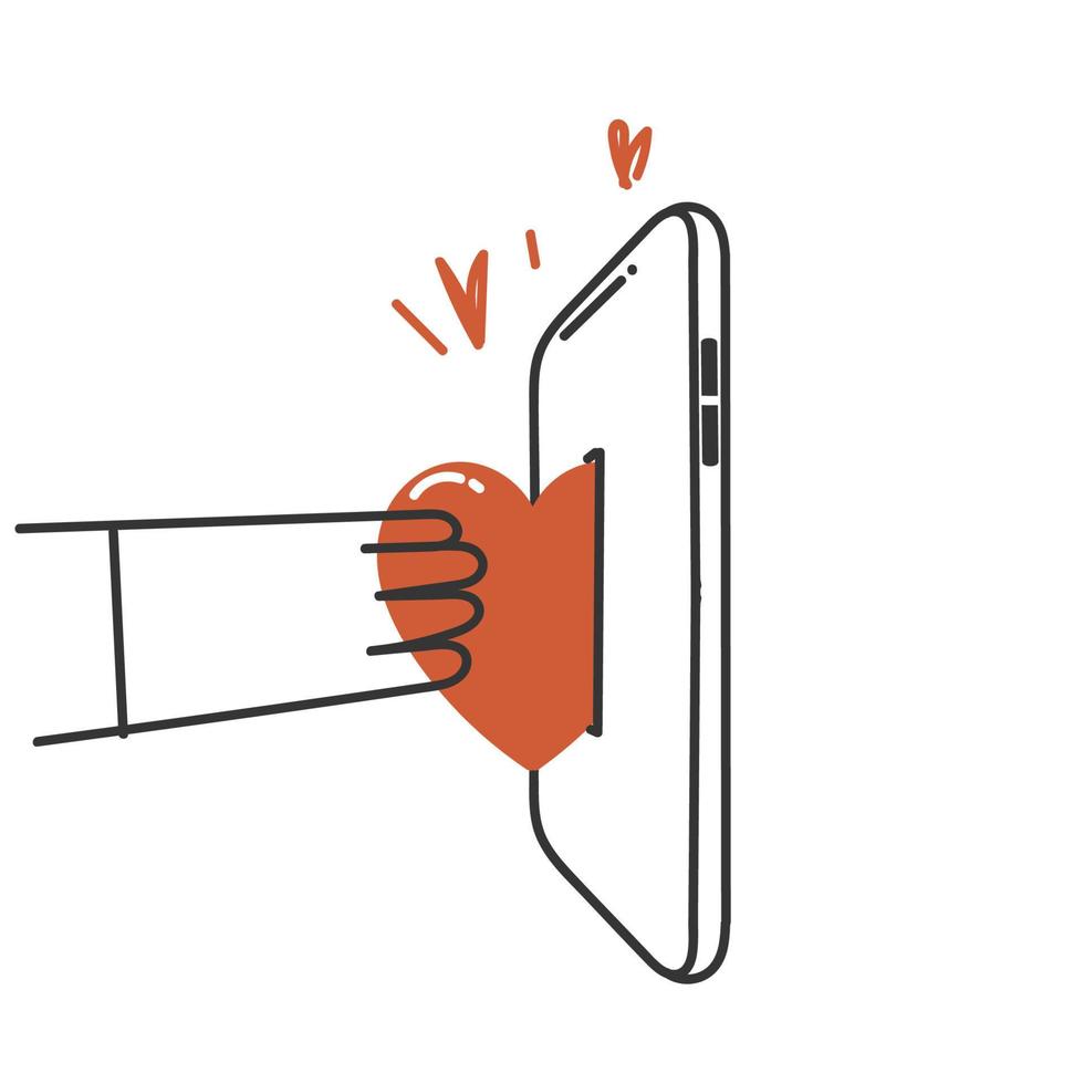 hand dragen klotter person donera hjärta på mobil telefon illustration vektor