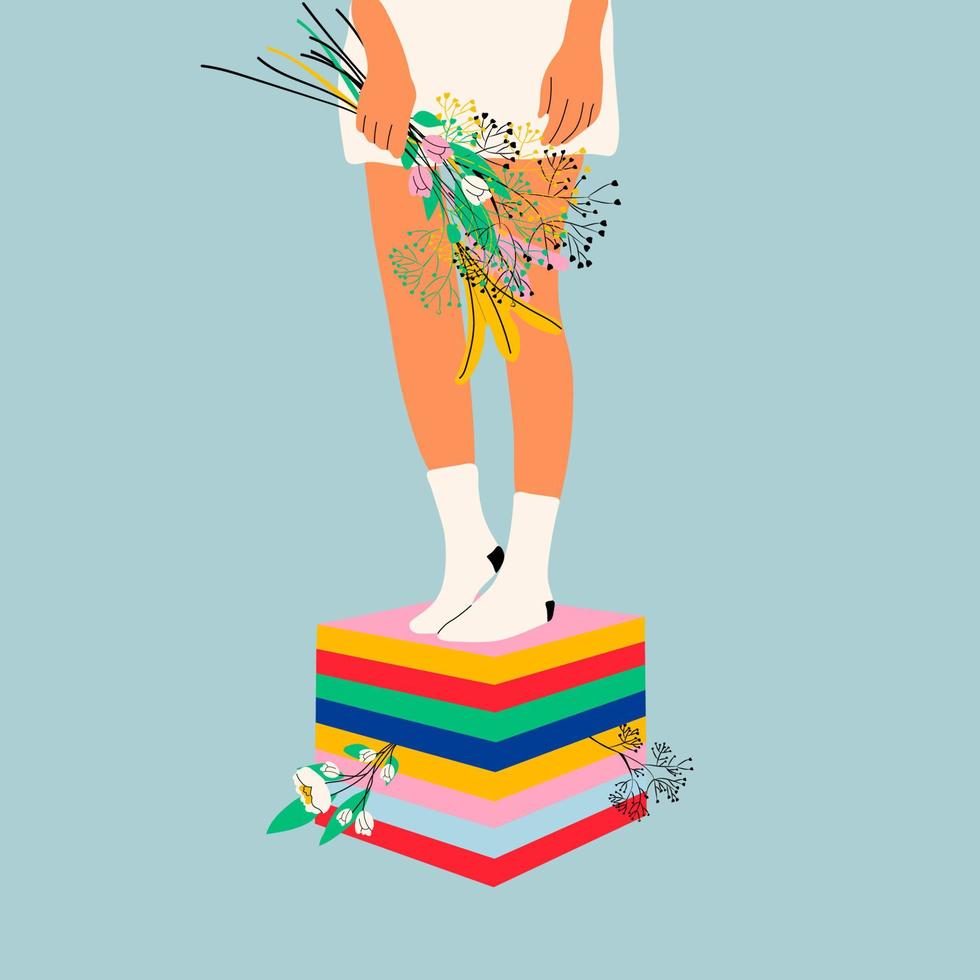 weiblich Beine im das Socken. cool Schuhwerk mit Blumen. hoch Socken . Hand gezeichnet Vektor farbig modisch Mode Illustration. eben Design