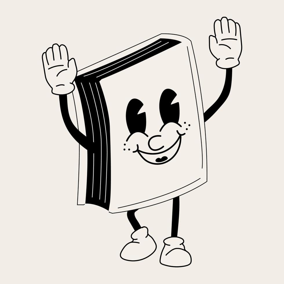 Buch 30er Jahre Karikatur Maskottchen Charakter 40er, 50er, 60er Jahre alt Animation Stil im schwarz und Weiß Farbe vektor
