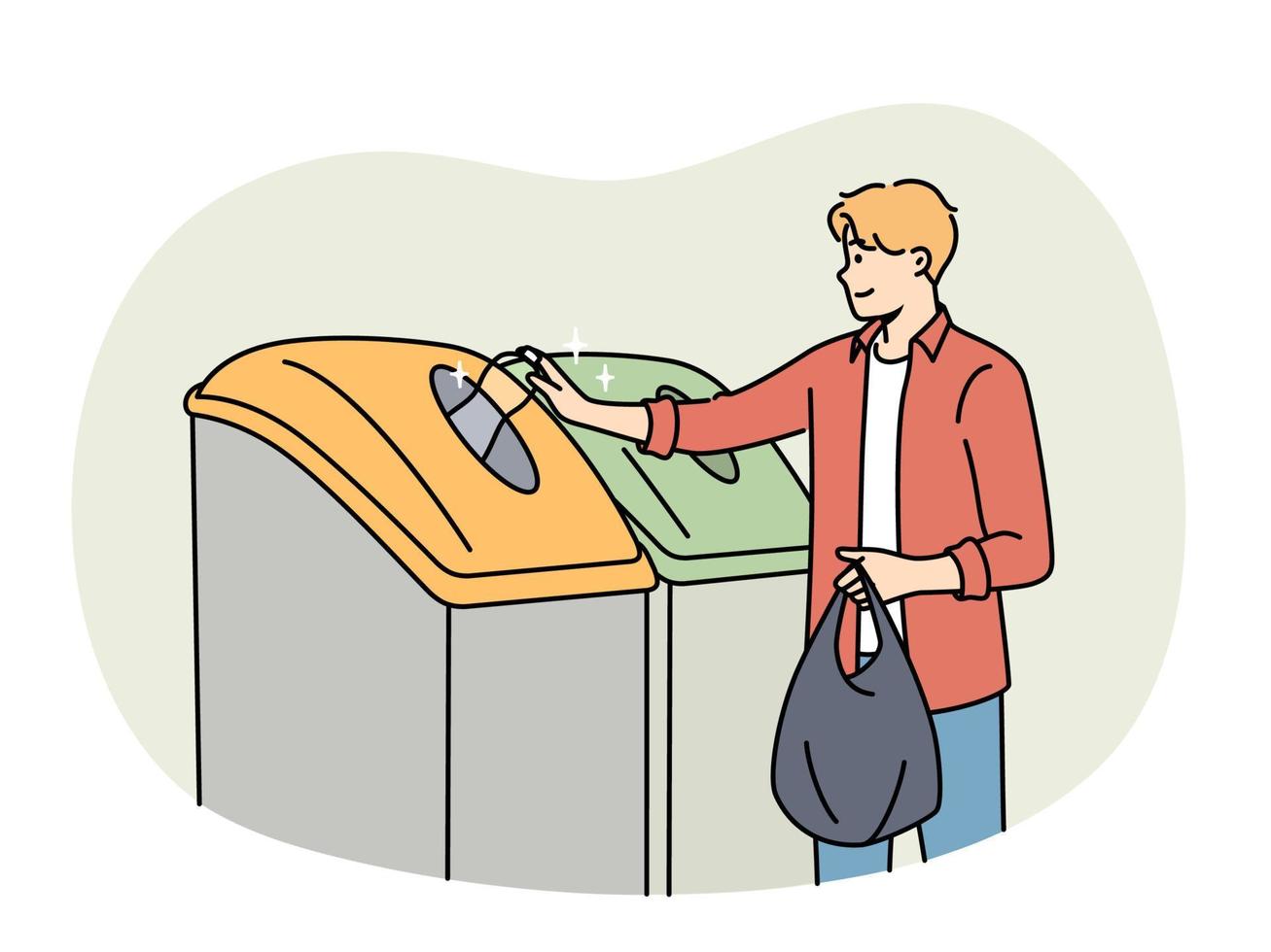 Mann Sortierung Müll. Kerl Stand in der Nähe von Behälter Sortieren Müll und Plastik im Behälter. Recycling und Umgebung Erhaltung. Vektor Illustration.