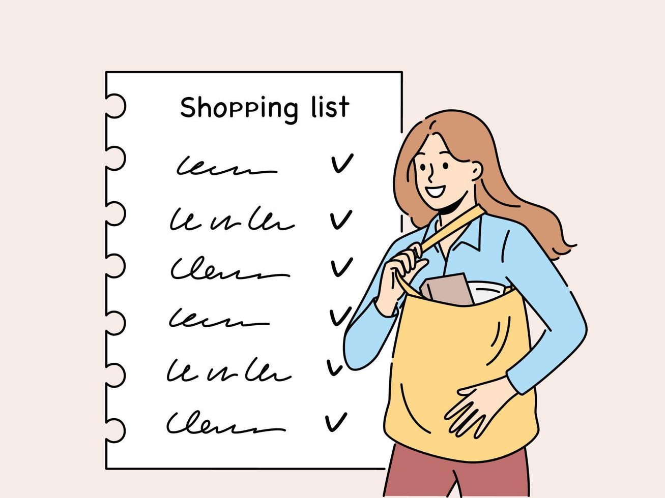 lächelnd Frau mit Einkaufen aufführen tun Lebensmittel. glücklich weiblich mit Tasche voll von Produkte prüfen Artikel im Kauf planen auf Papier. Vektor Illustration.