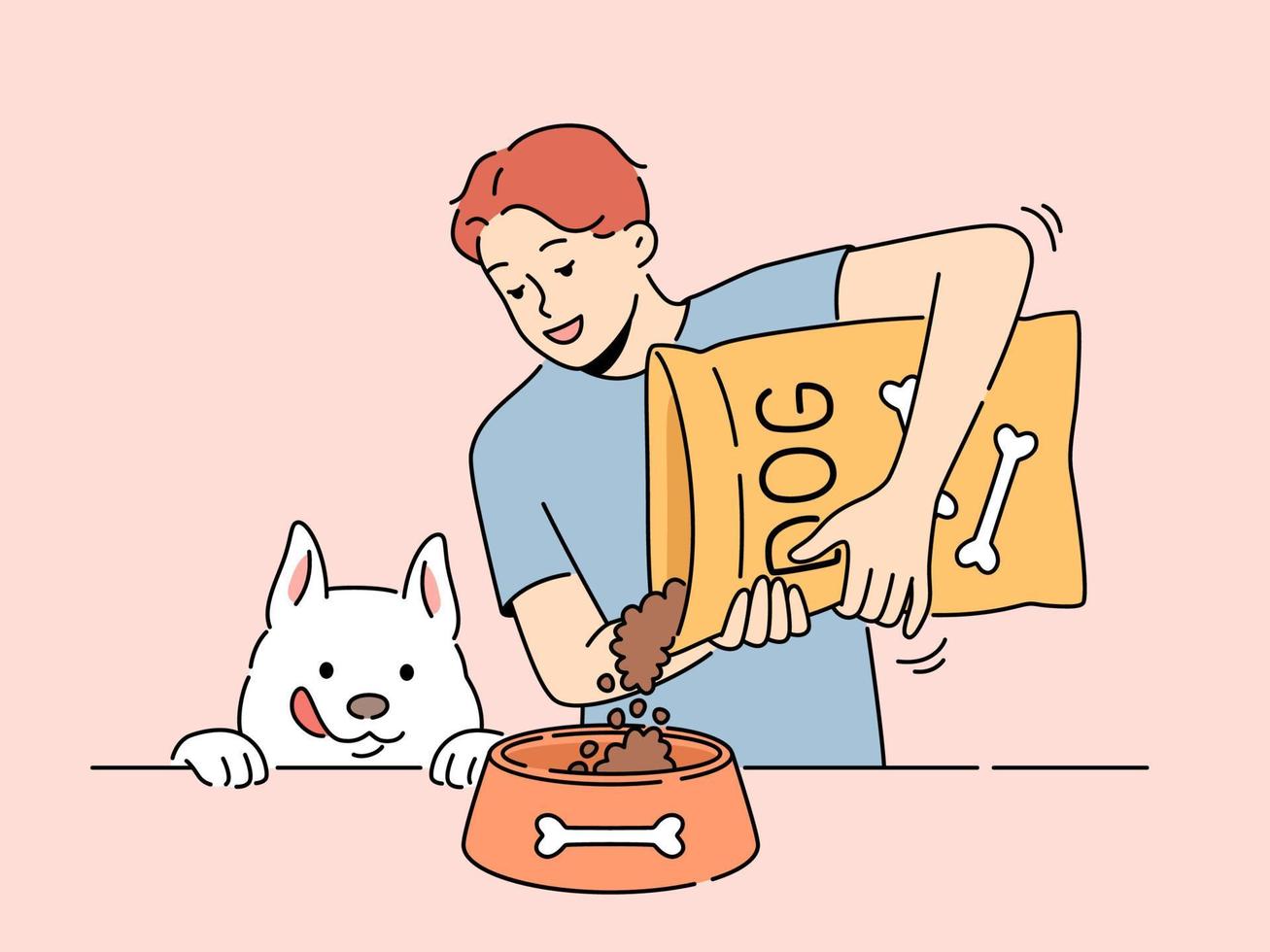 lächelnd Mann geben Essen von Paket zu aufgeregt Hund. glücklich Kerl Futter Haustier mit verpackt Mahlzeit. Vektor Illustration.