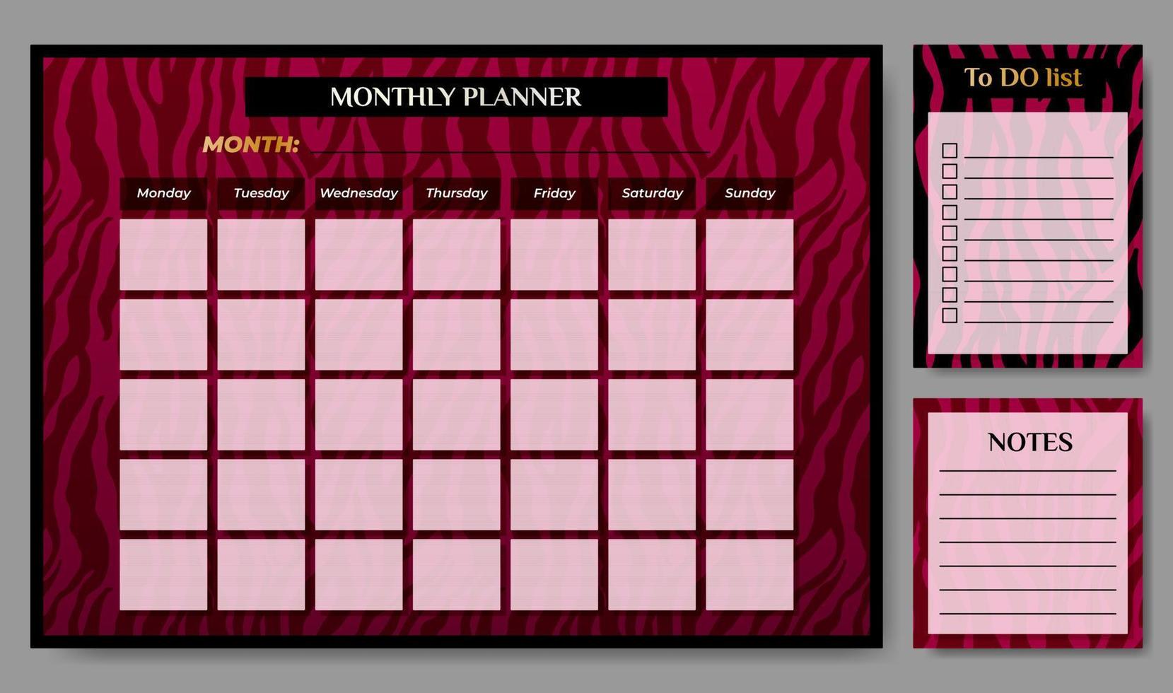 lyxig en gång i månaden planerare med till do lista och anteckningar på zebra bakgrund. vektor illustration. planerare för företag och privat använda sig av.