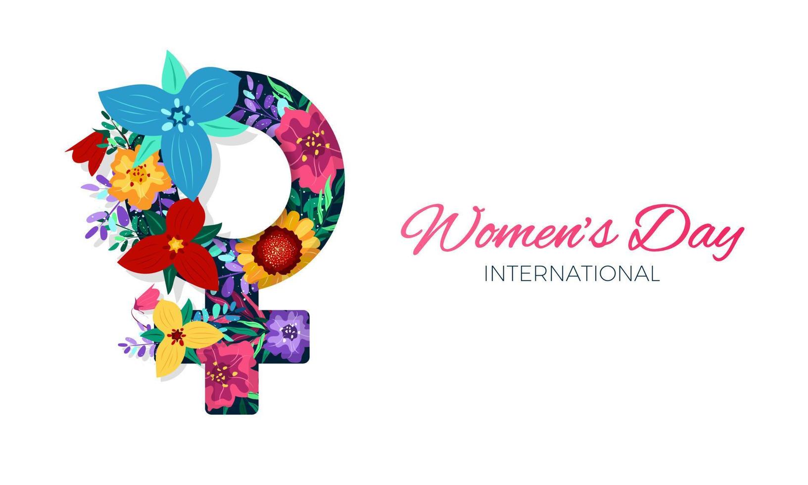 International Damen Tag Banner mit Frau Zeichen und Frühling Blumen. Banner mit weiblich Geschlecht Blumen- Symbol. isoliert Zeichen auf Weiß Hintergrund. Vektor Illustration