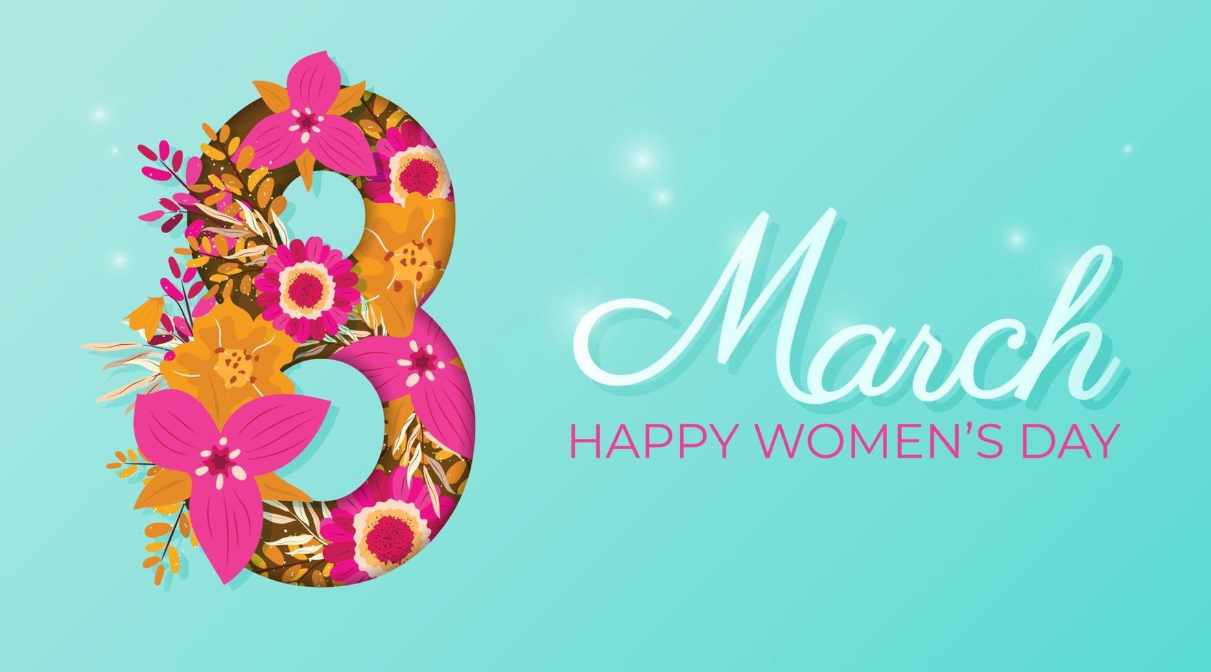 Banner zum International Damen Tag. Flyer zum März 8 mit Blumen Dekor. Nummer 8 Einladungen mit Frühling Pflanzen, Blätter und Blumen vektor