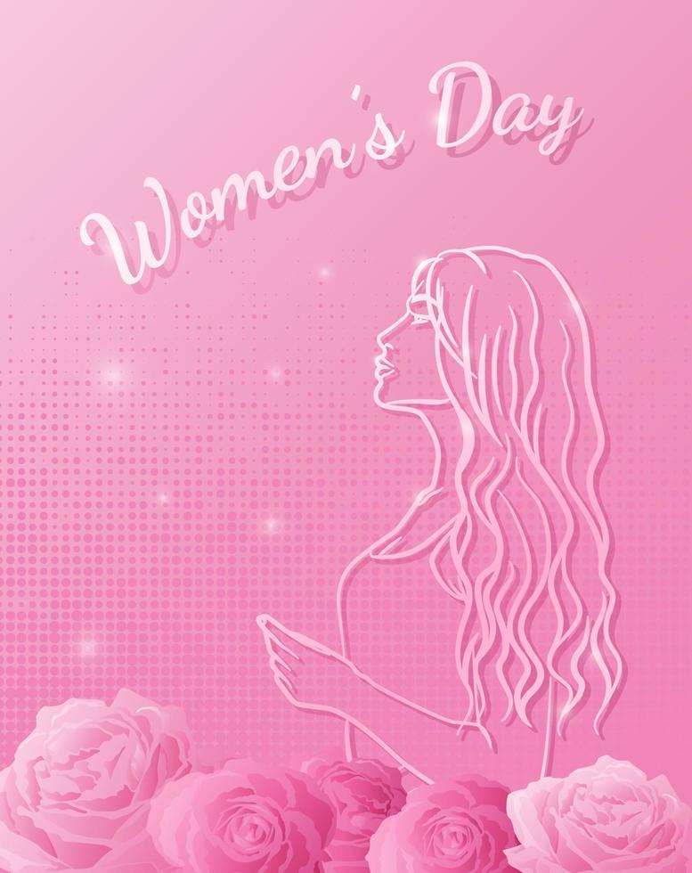 internationell kvinnors dag 8 Mars med elegant kvinna silhuett och rosor. kvinnors dag kort. vektor illustration