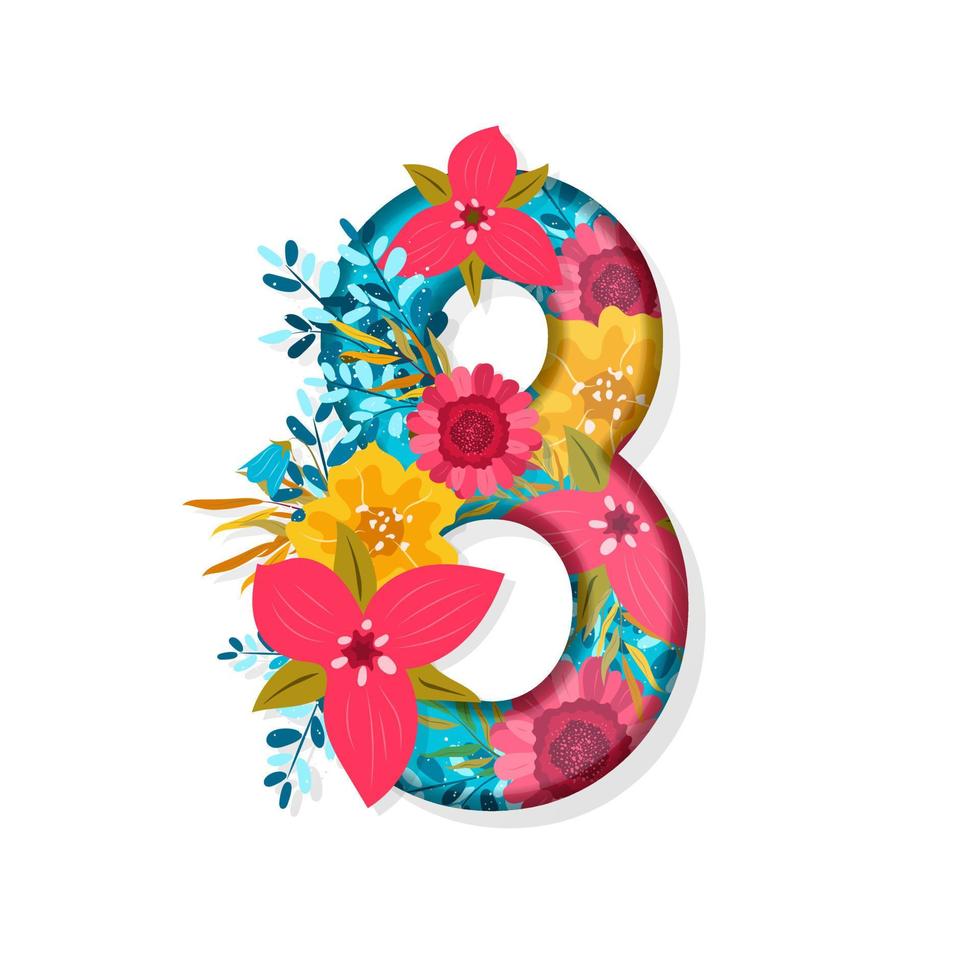 8 Mars firande med isolerat åtta symbol tillverkad av vår blommor. kvinnors dag. vektor illustration