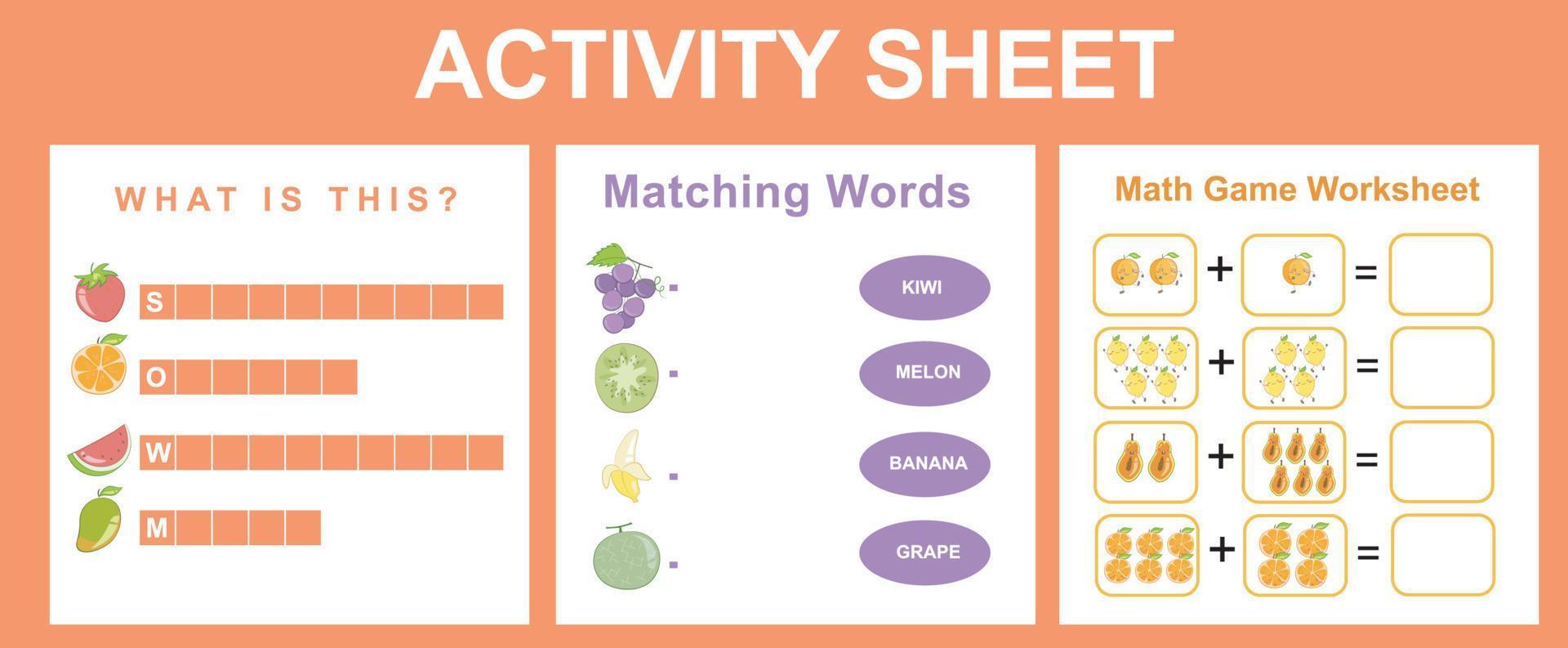 3 i 1 aktivitet för barn. pedagogisk tryckbar arbetsblad. frukt kalkylblad tema. vektor illustrationer.