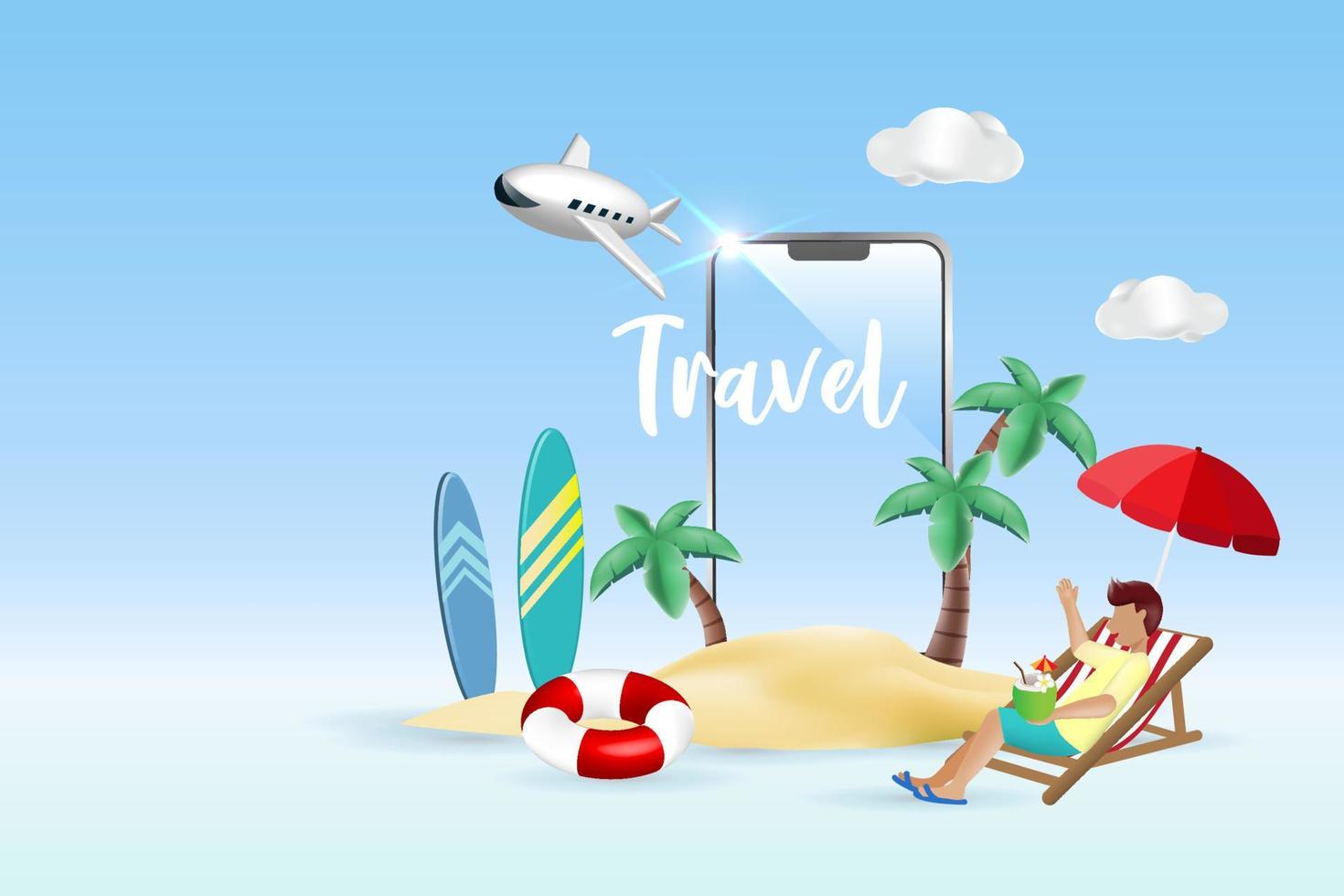 Nomaden Lebensstil, online Reise Ferien beim Sommer- tropisch Strand Insel. Mann entspannen auf Strand Stuhl beim Palme Bäume Insel und Smartphone. 3d Vektor zum Vorlage, Werbung, Broschüre.