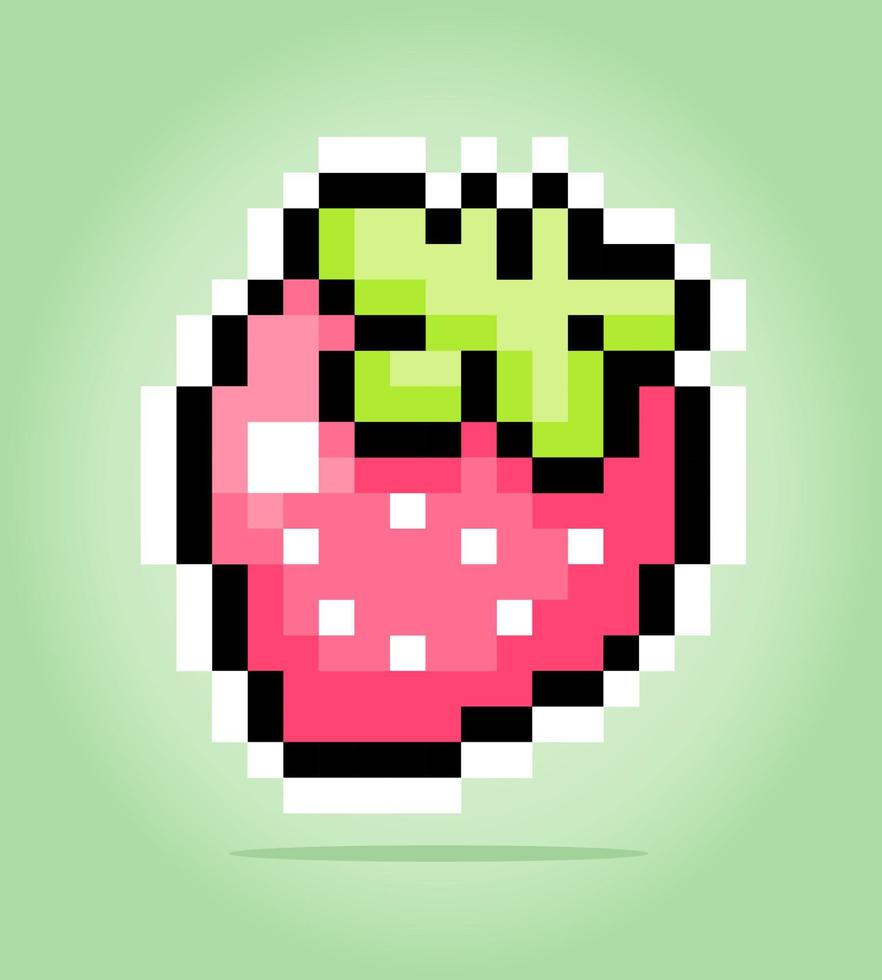 8-Bit-Pixel von Erdbeere. Fruchtpixel für Spielelemente und Kreuzstichmuster in Vektorgrafiken. vektor