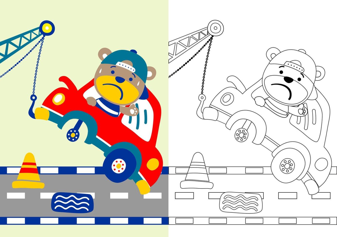 rolig Björn på ha sönder ner bil i de väg, vektor tecknad serie illustration, färg bok eller sida