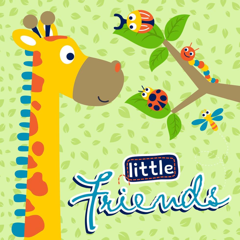 komisch Giraffe mit Fehler auf Baum Geäst, süß Tiere auf Blatt Muster, Vektor Karikatur Illustration