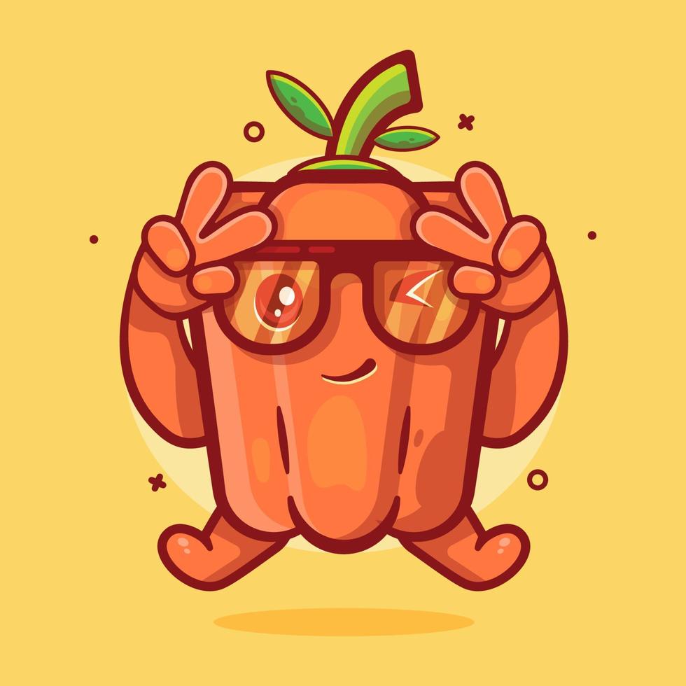 söt orange paprika karaktär maskot med fred tecken hand gest isolerat tecknad serie i platt stil design vektor