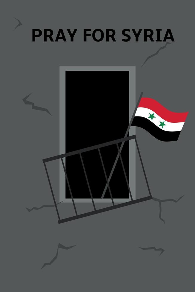 Erdbeben Epizentrum im Syrien. beten zum Syrien. Risse. destruktiv Erdbeben. Explosion, zerstört Balkon, Syrien Flagge. natürlich Katastrophe, Erdbeben und Zerstörung von Häuser. Vektor Illustration