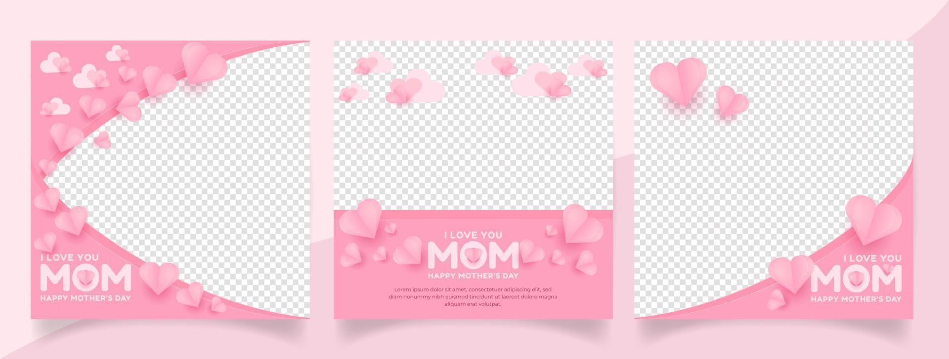 Lycklig mödrar dag social media posta mallar design uppsättning. Lycklig mödrar dag affisch med rosa Färg och kärlek form dekoration. kan vara Begagnade för social media, flygblad och webbplatser vektor